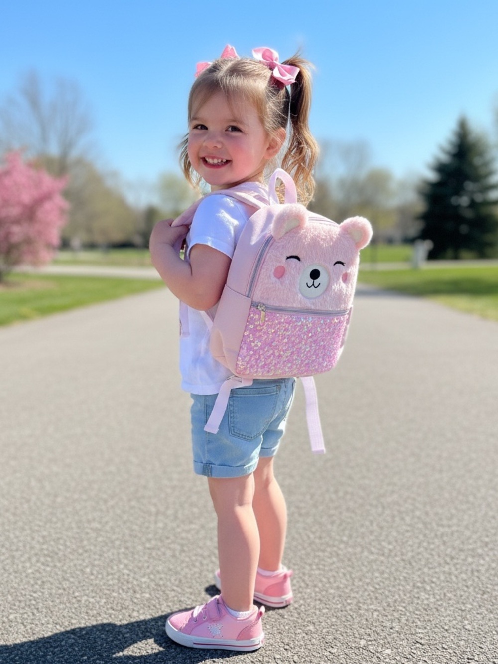 Cat & Jack Pink Plush Bear Kids Backpack with Sequin Pocket